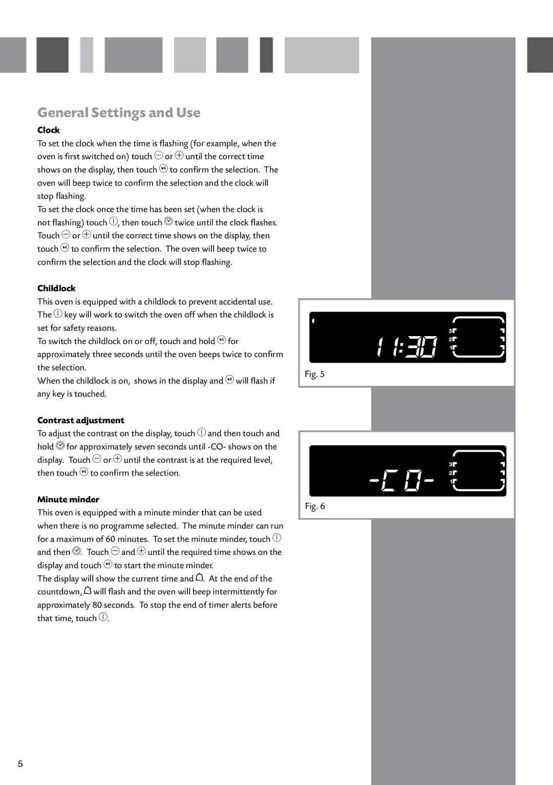 CDA SV470 manual General Settings and Use, Clock, Childlock, Contrast adjustment, Minute minder 