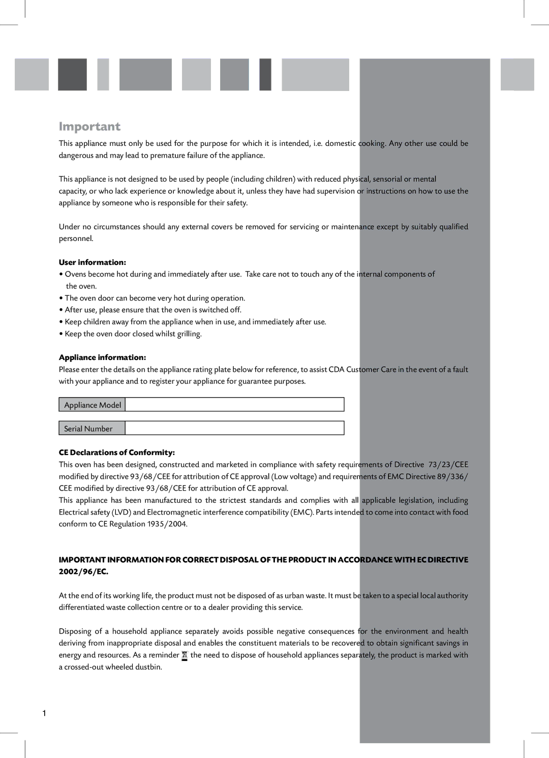 CDA SV500 manual User information, Appliance information, CE Declarations of Conformity 