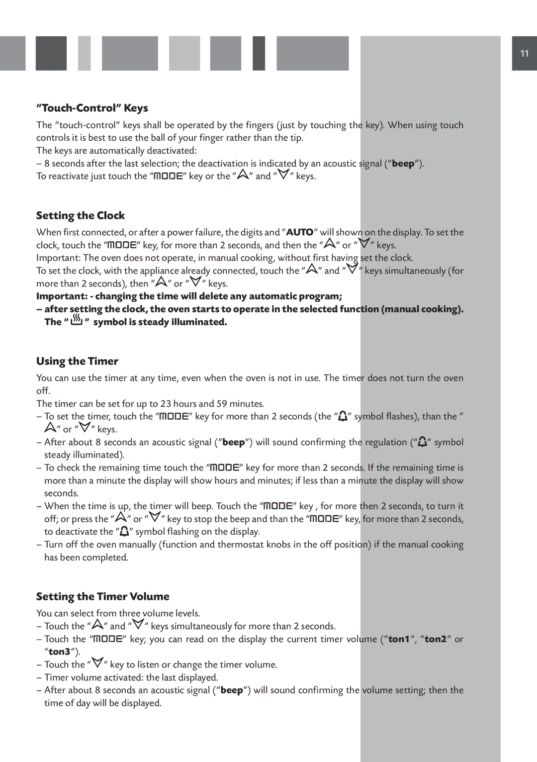 CDA SVA 100 PP manual Touch-Control Keys, Setting the Clock, Using the Timer, Setting the Timer Volume 