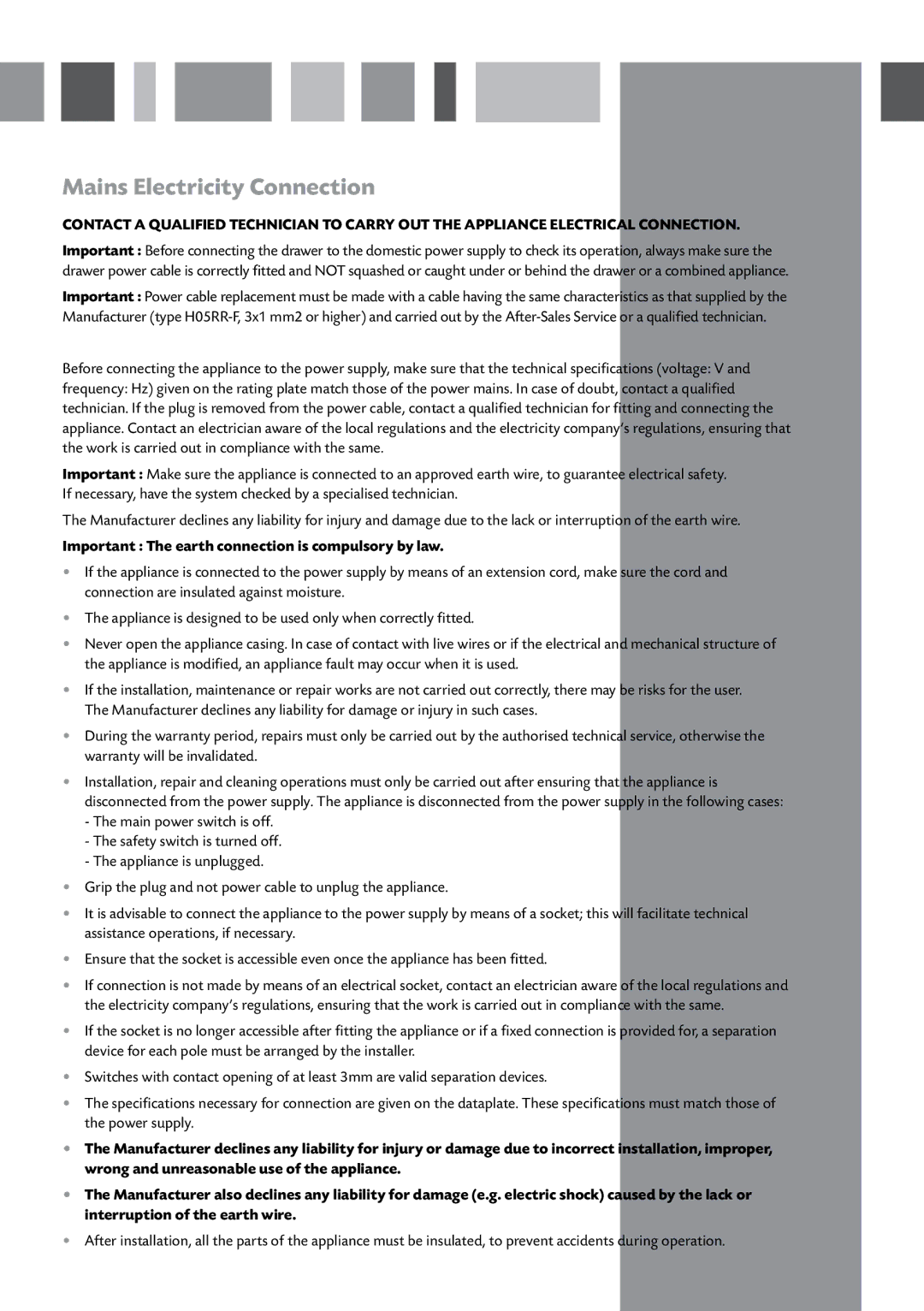 CDA SVW140 manual Mains Electricity Connection, Important The earth connection is compulsory by law 