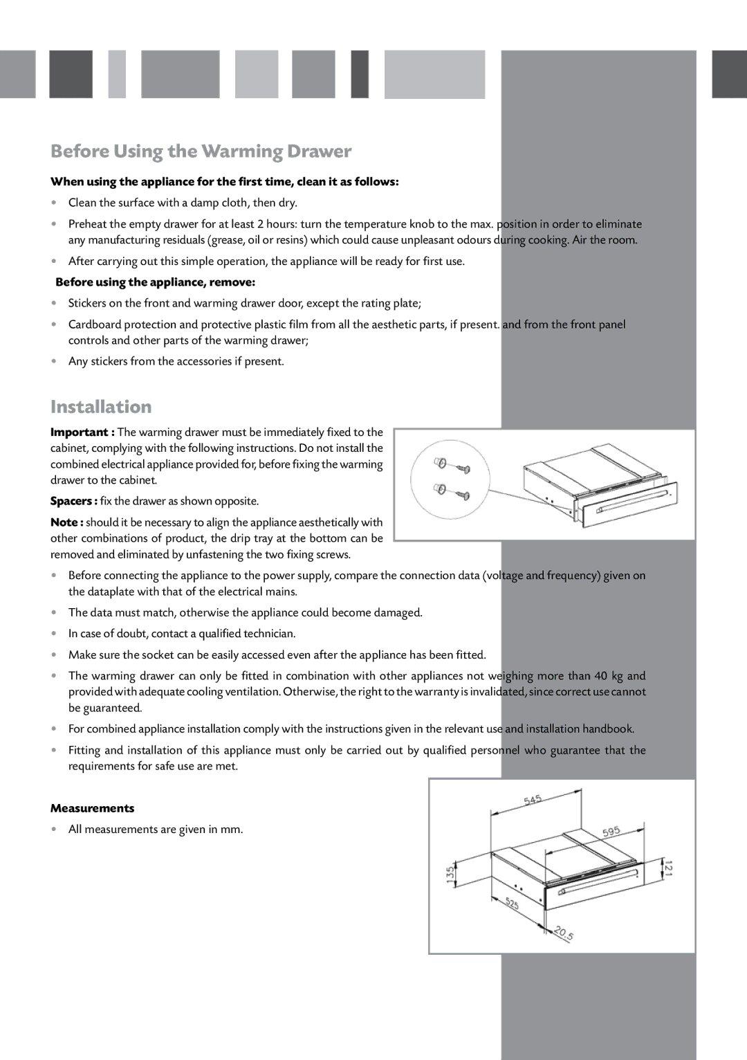 CDA SVW140 manual Before Using the Warming Drawer, Installation, Before using the appliance, remove, Measurements 