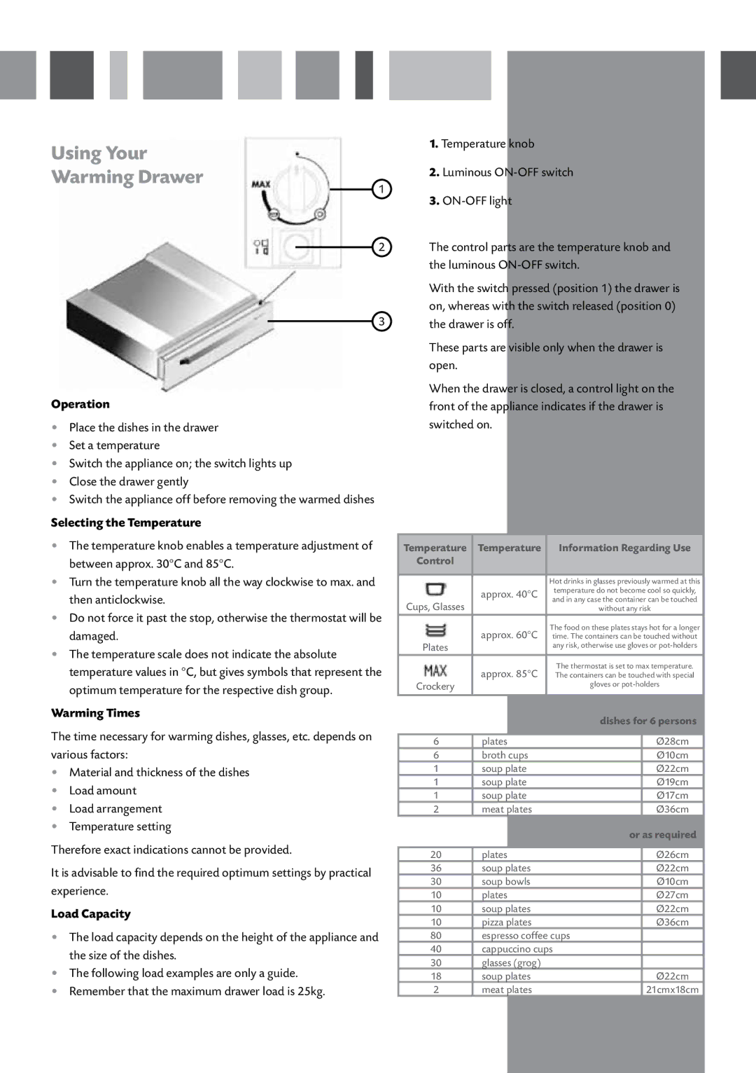 CDA SVW140 manual Using Your Warming Drawer, Operation, Selecting the Temperature, Warming Times, Load Capacity 