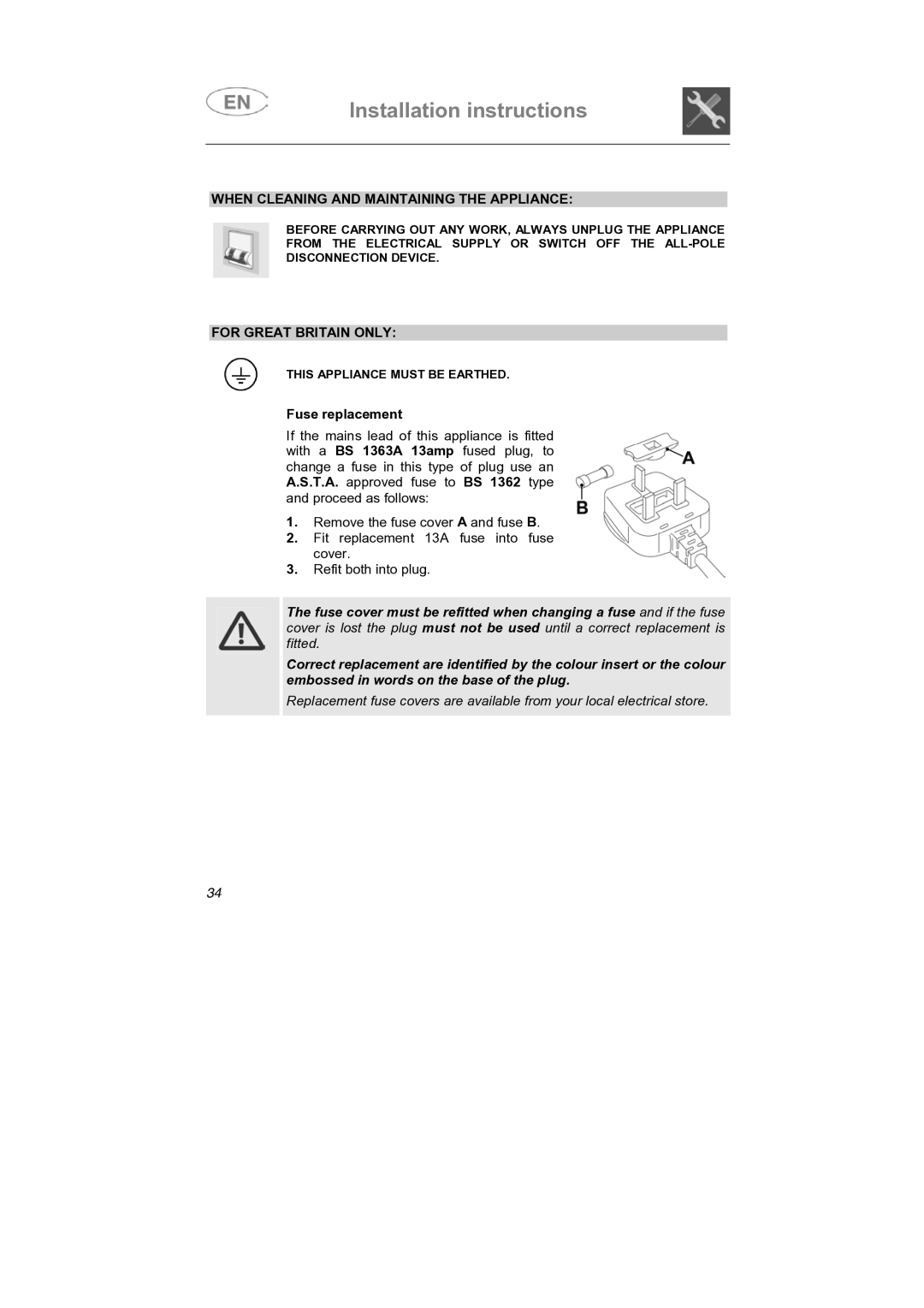 CDA VW80 manual When Cleaning and Maintaining the Appliance, For Great Britain only 