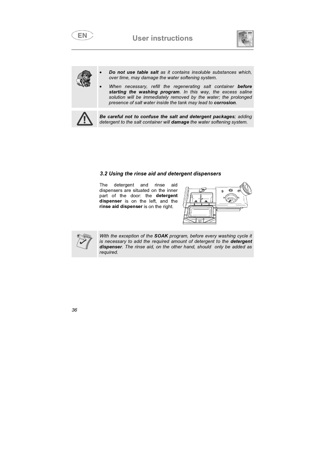 CDA VW80 manual Using the rinse aid and detergent dispensers 