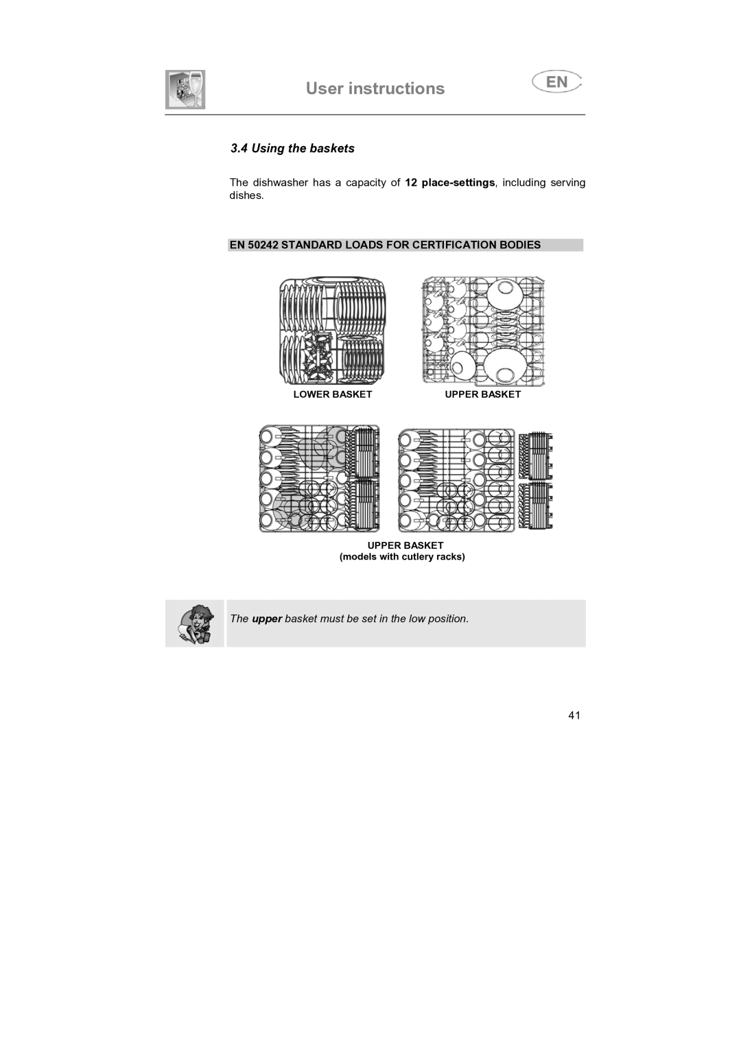 CDA VW80 manual Using the baskets, EN 50242 Standard Loads for Certification Bodies 