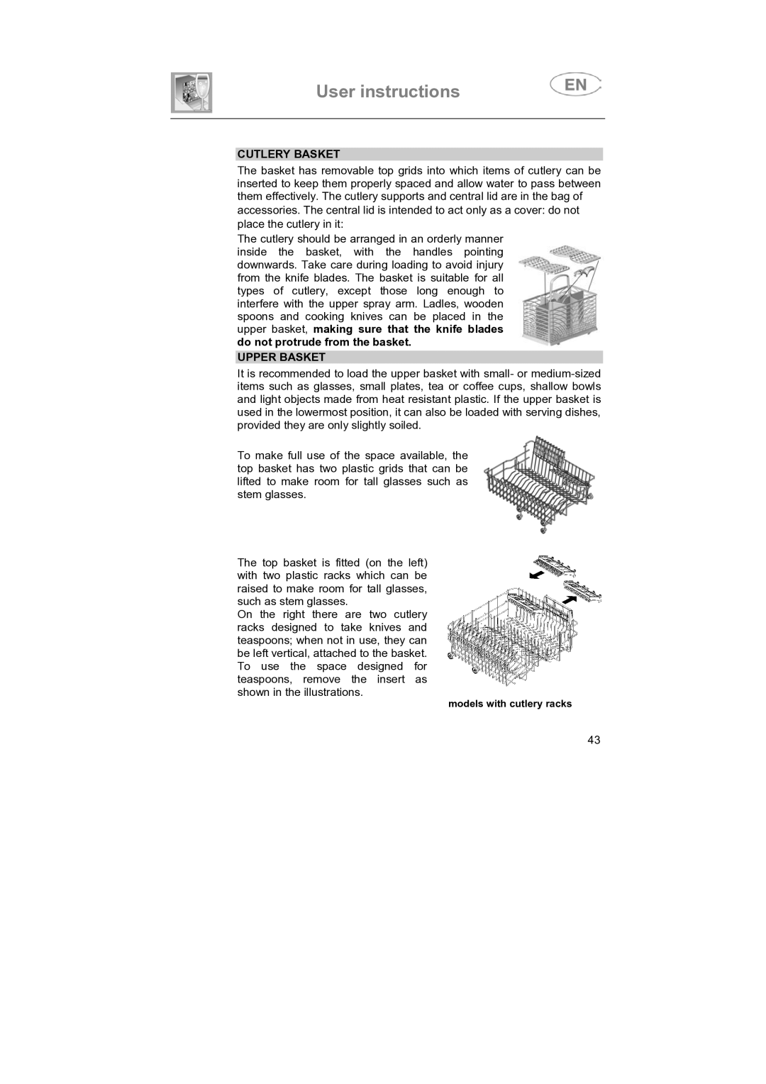 CDA VW80 manual Cutlery Basket, Upper Basket 