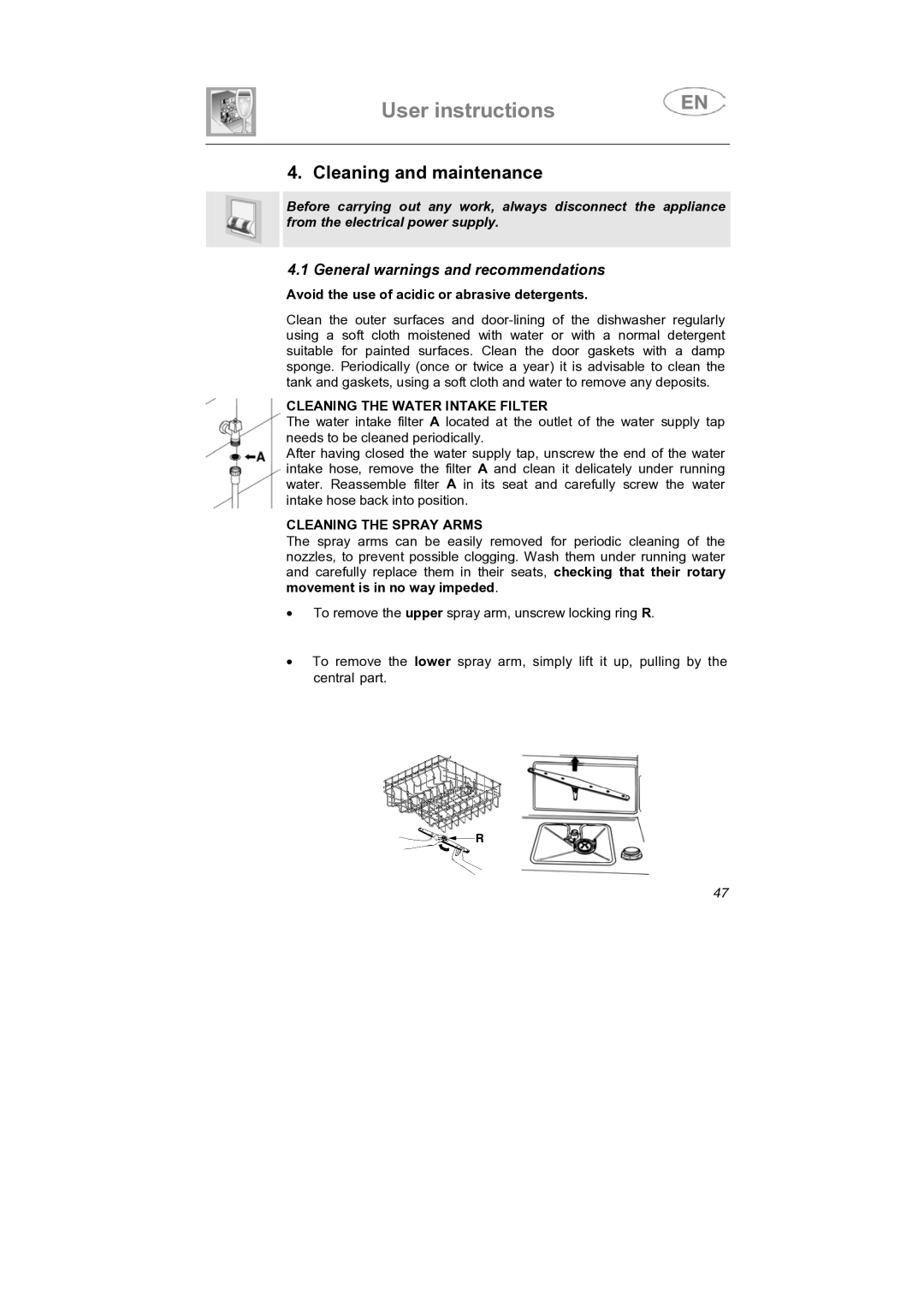 CDA VW80 manual Cleaning and maintenance, Cleaning the Water Intake Filter, Cleaning the Spray Arms 