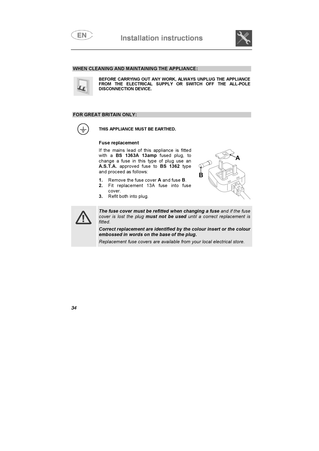 CDA VW80 When Cleaning And Maintaining The Appliance, For Great Britain Only, Fuse replacement, Installation instructions 