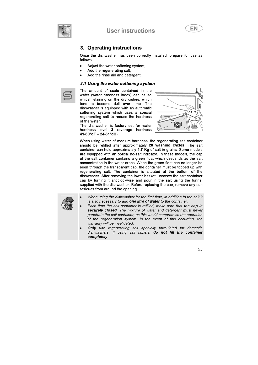 CDA VW80 manual User instructions, Operating instructions, Using the water softening system 