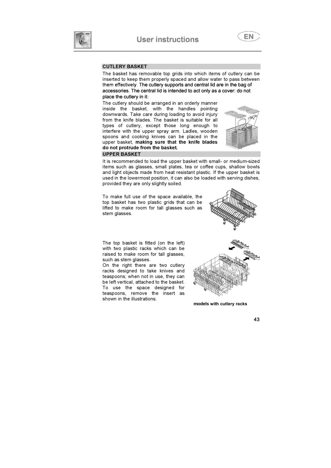 CDA VW80 manual Cutlery Basket, Upper Basket, User instructions, models with cutlery racks 
