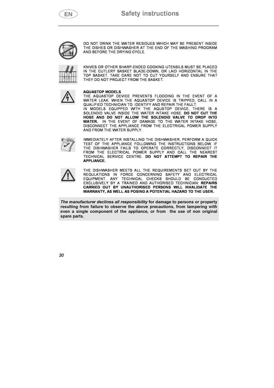 CDA VW80 manual Safety instructions, Aquastop Models, Appliance 