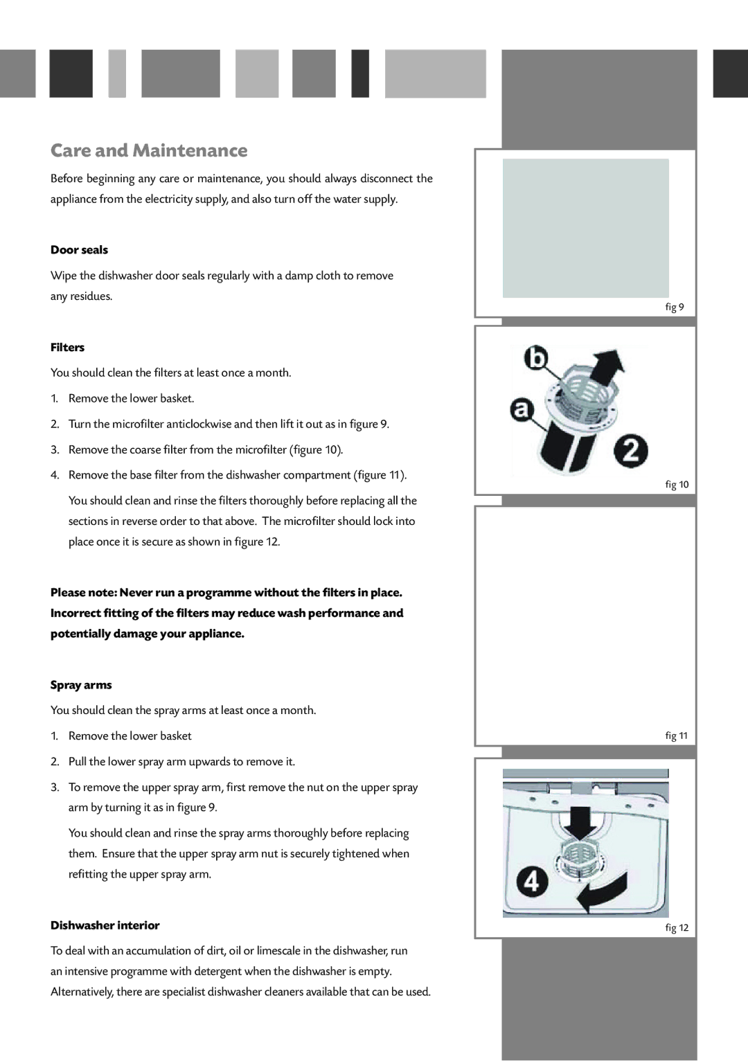 CDA WC140 manual Care and Maintenance, Door seals, Filters, Dishwasher interior 