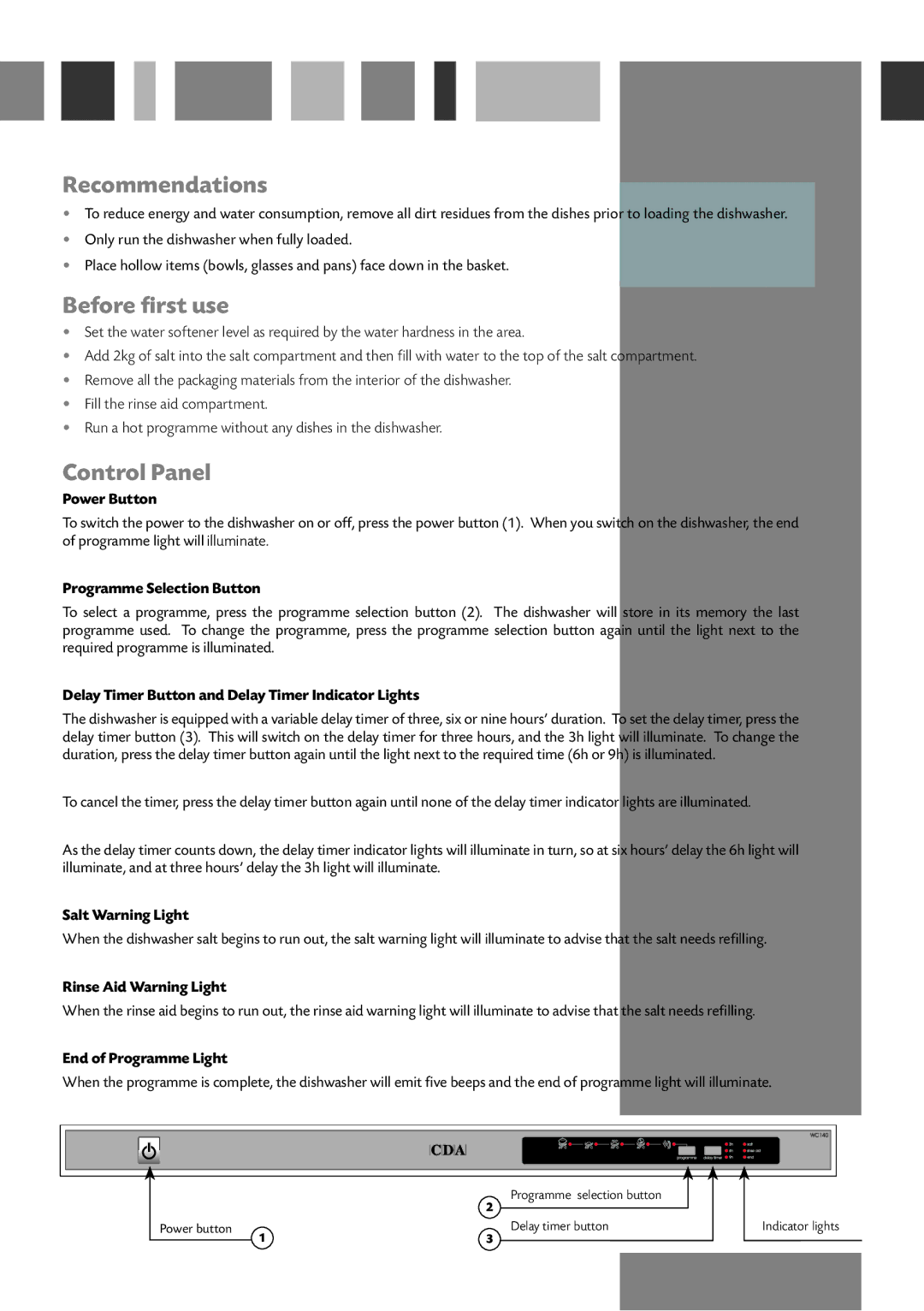 CDA WC140 manual Recommendations, Before first use, Control Panel 