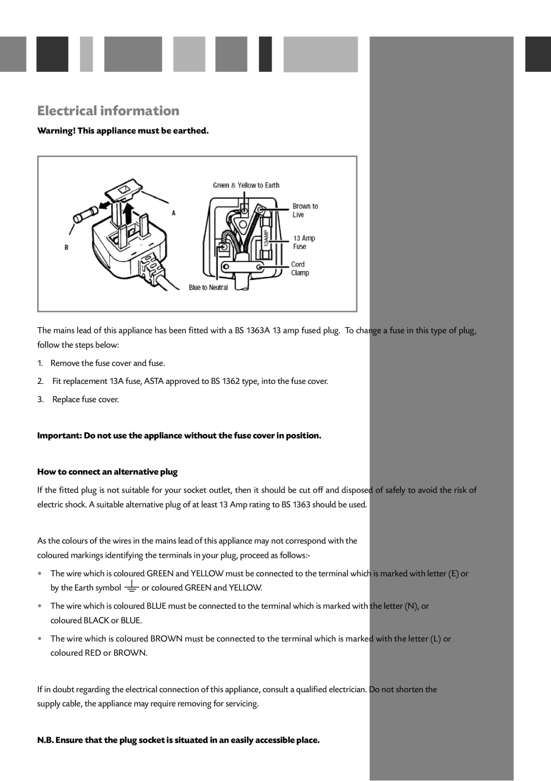 CDA WC140 manual Electrical information, Warning! This appliance must be earthed, How to connect an alternative plug 