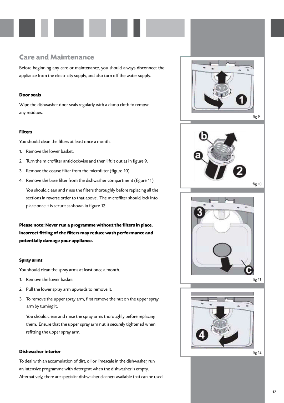 CDA WC370 manual Care and Maintenance, Door seals, Filters, Dishwasher interior 