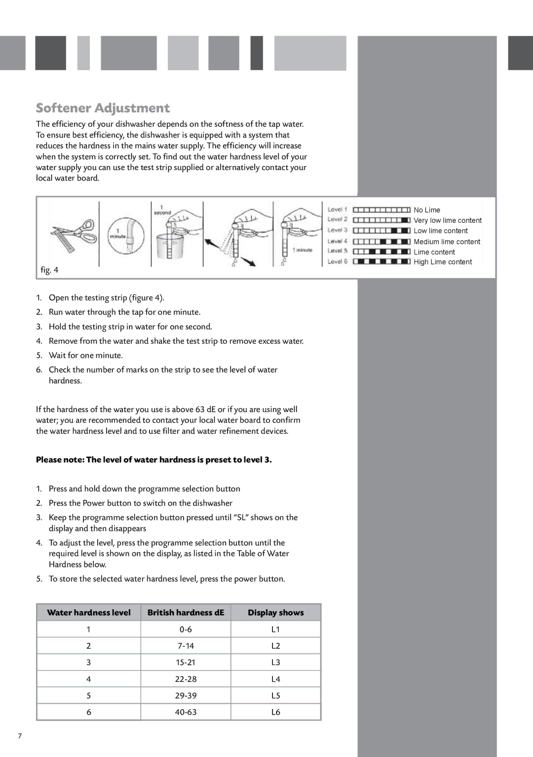 CDA WC370 manual Softener Adjustment, Please note The level of water hardness is preset to level, Water hardness level 