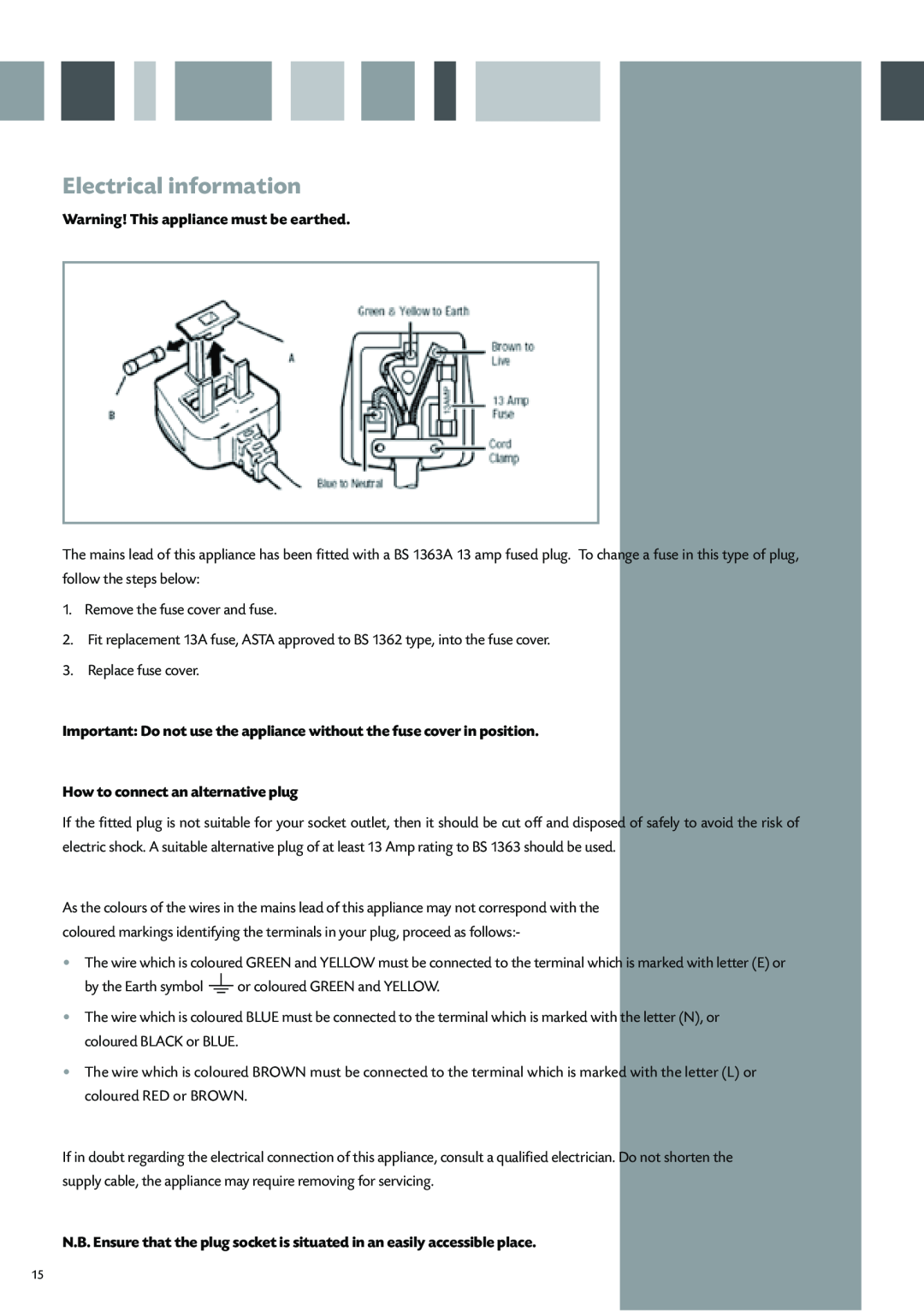CDA WC370 manual Electrical information, Warning! This appliance must be earthed, How to connect an alternative plug 