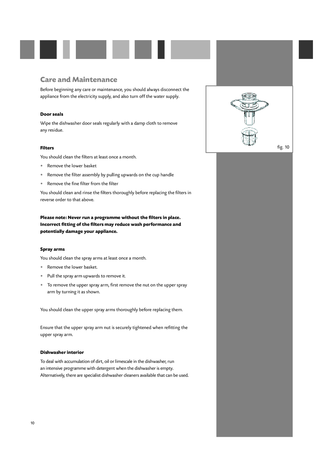 CDA WC430 manual Care and Maintenance, Door seals, Filters, Dishwasher interior 