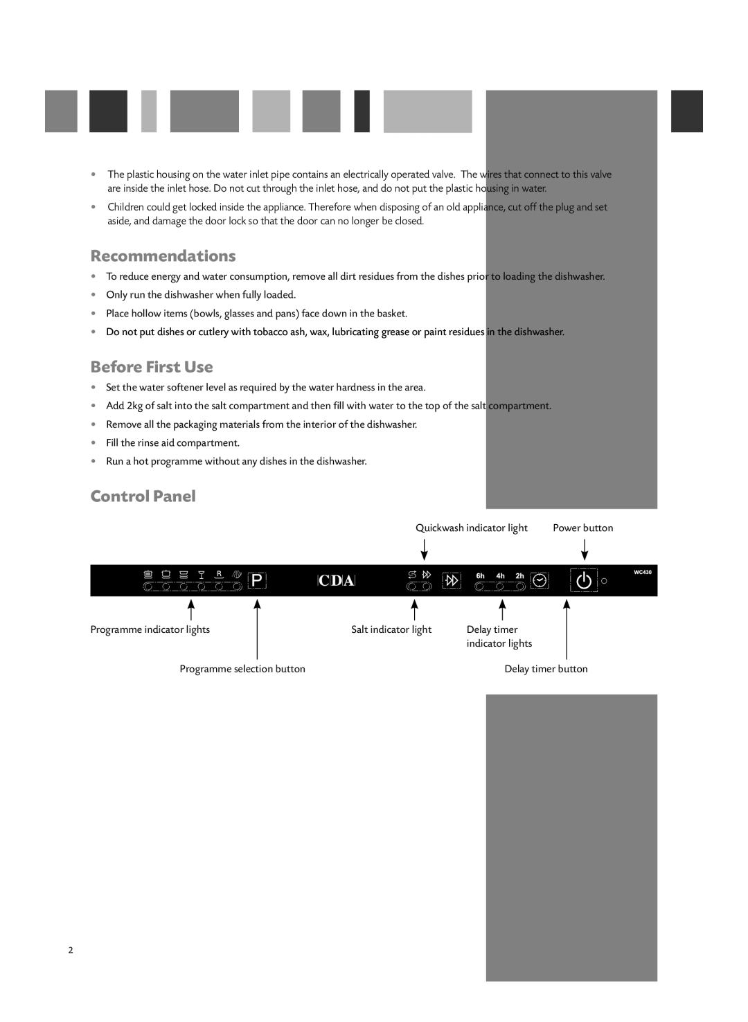 CDA WC430 manual Recommendations, Before First Use, Control Panel 