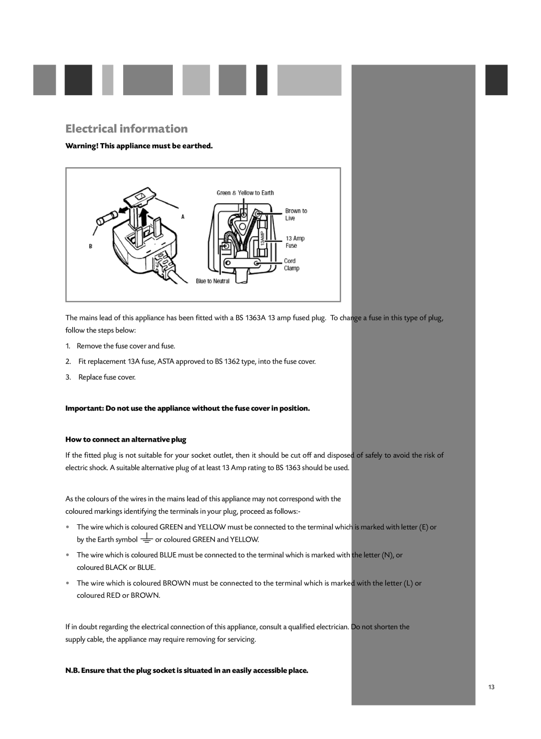 CDA WC430 manual Electrical information, Warning! This appliance must be earthed, How to connect an alternative plug 