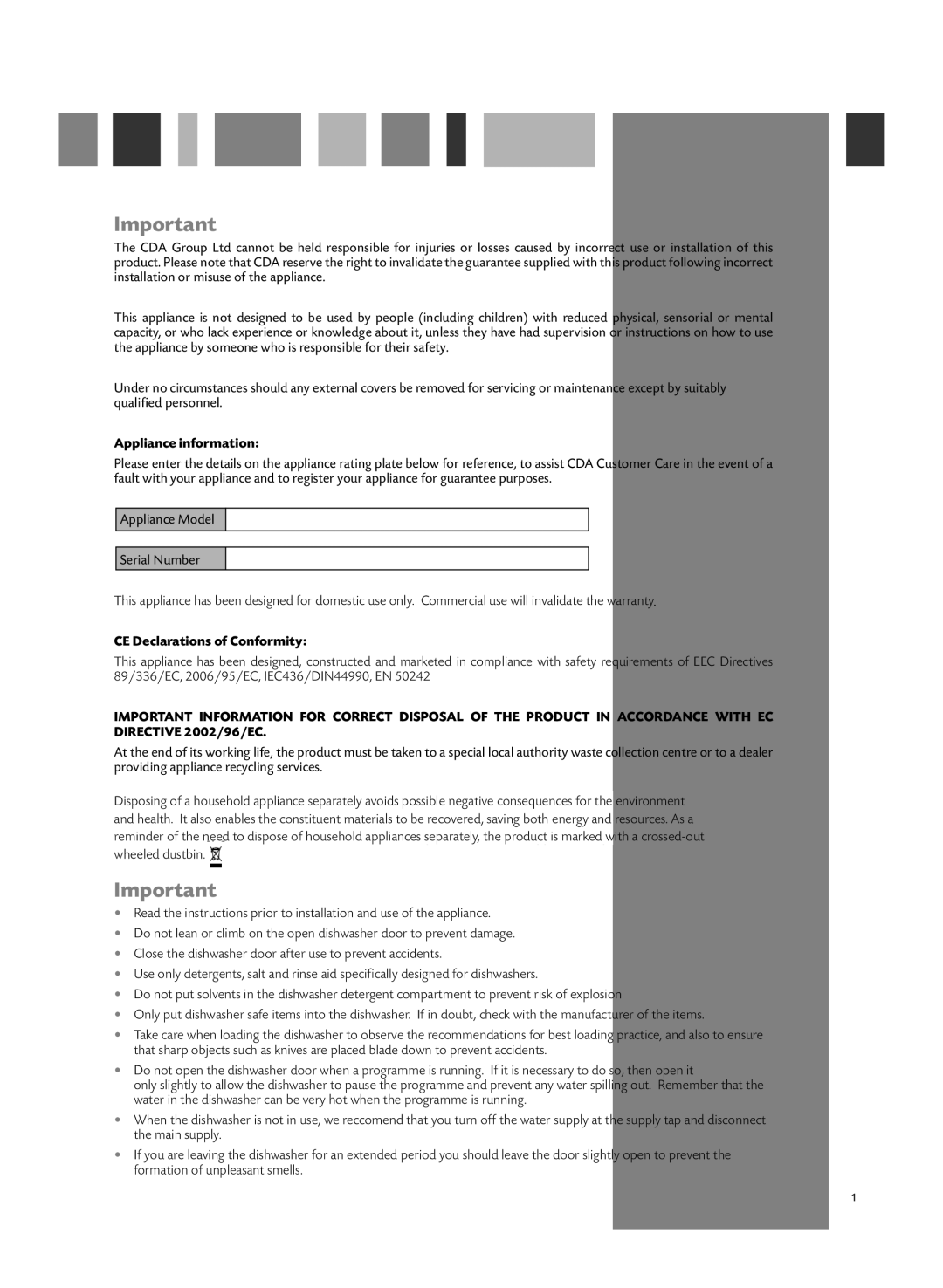 CDA WC430 manual Appliance information, CE Declarations of Conformity 