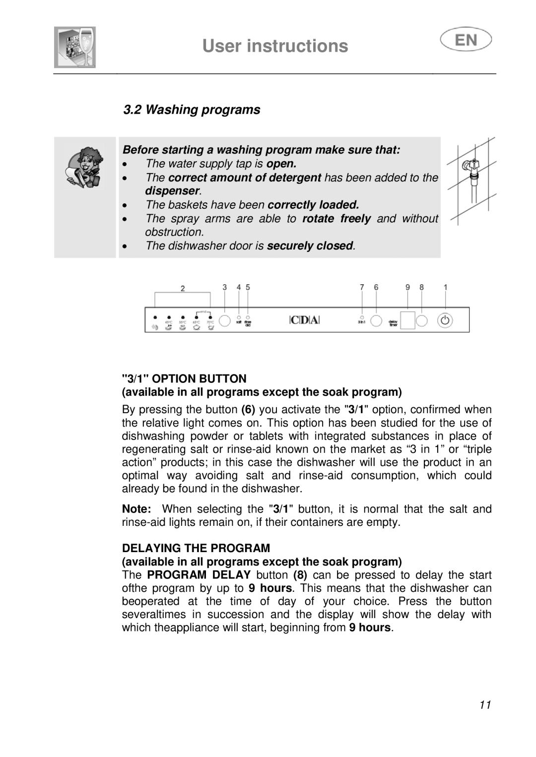 CDA WC460 manual Washing programs, Option Button, Delaying the Program 