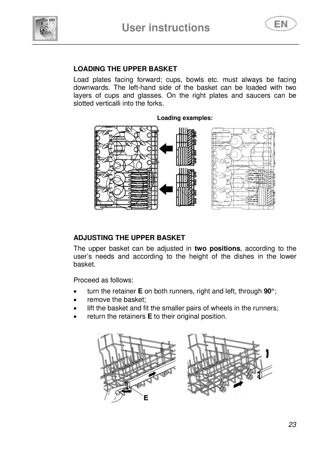 CDA WC460 manual Loading the Upper Basket, Adjusting the Upper Basket 