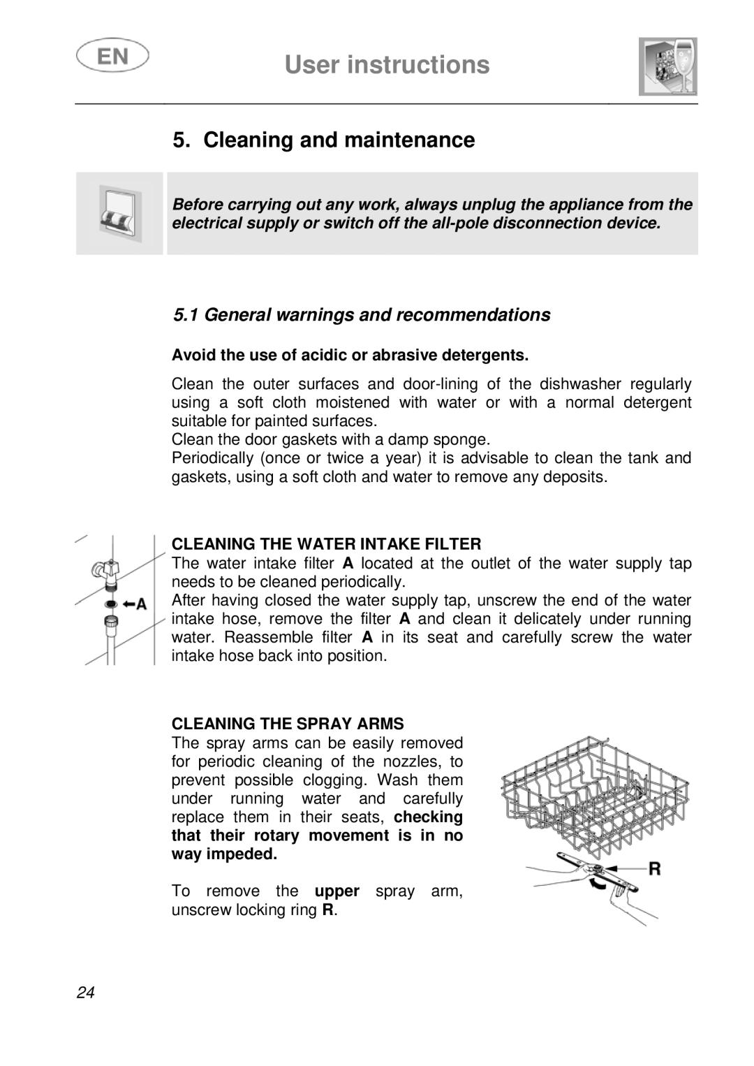 CDA WC460 manual Cleaning and maintenance, Cleaning the Water Intake Filter, Cleaning the Spray Arms 