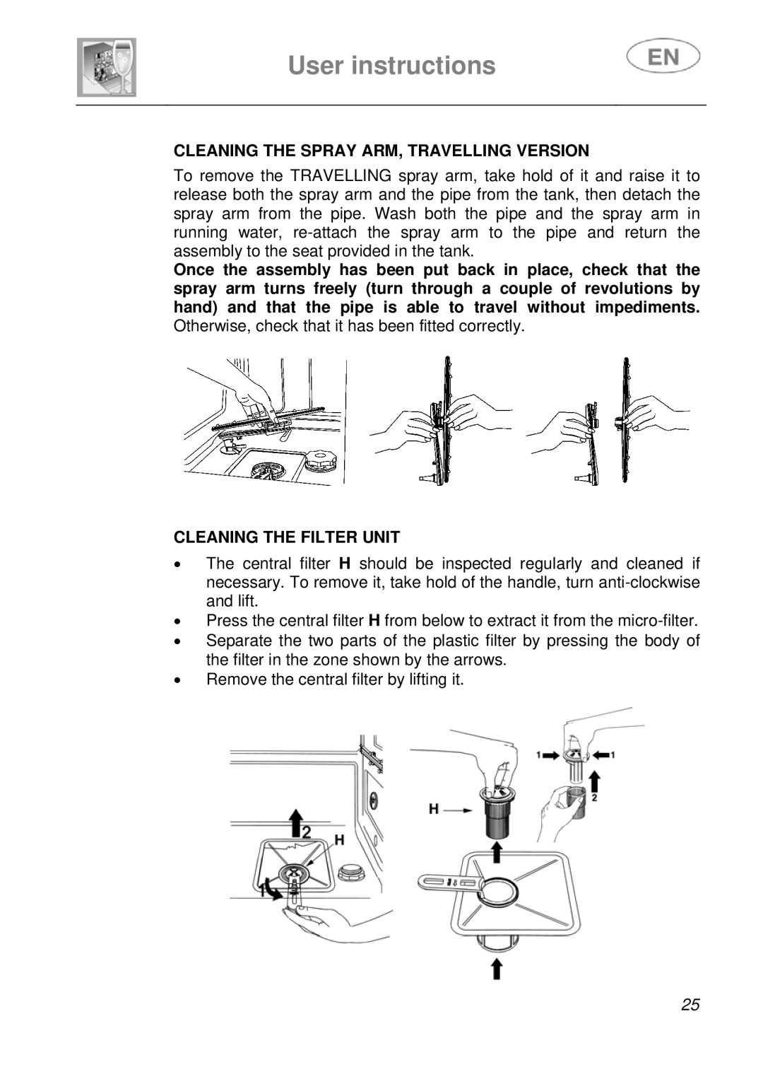 CDA WC460 manual Cleaning the Spray ARM, Travelling Version, Cleaning the Filter Unit 