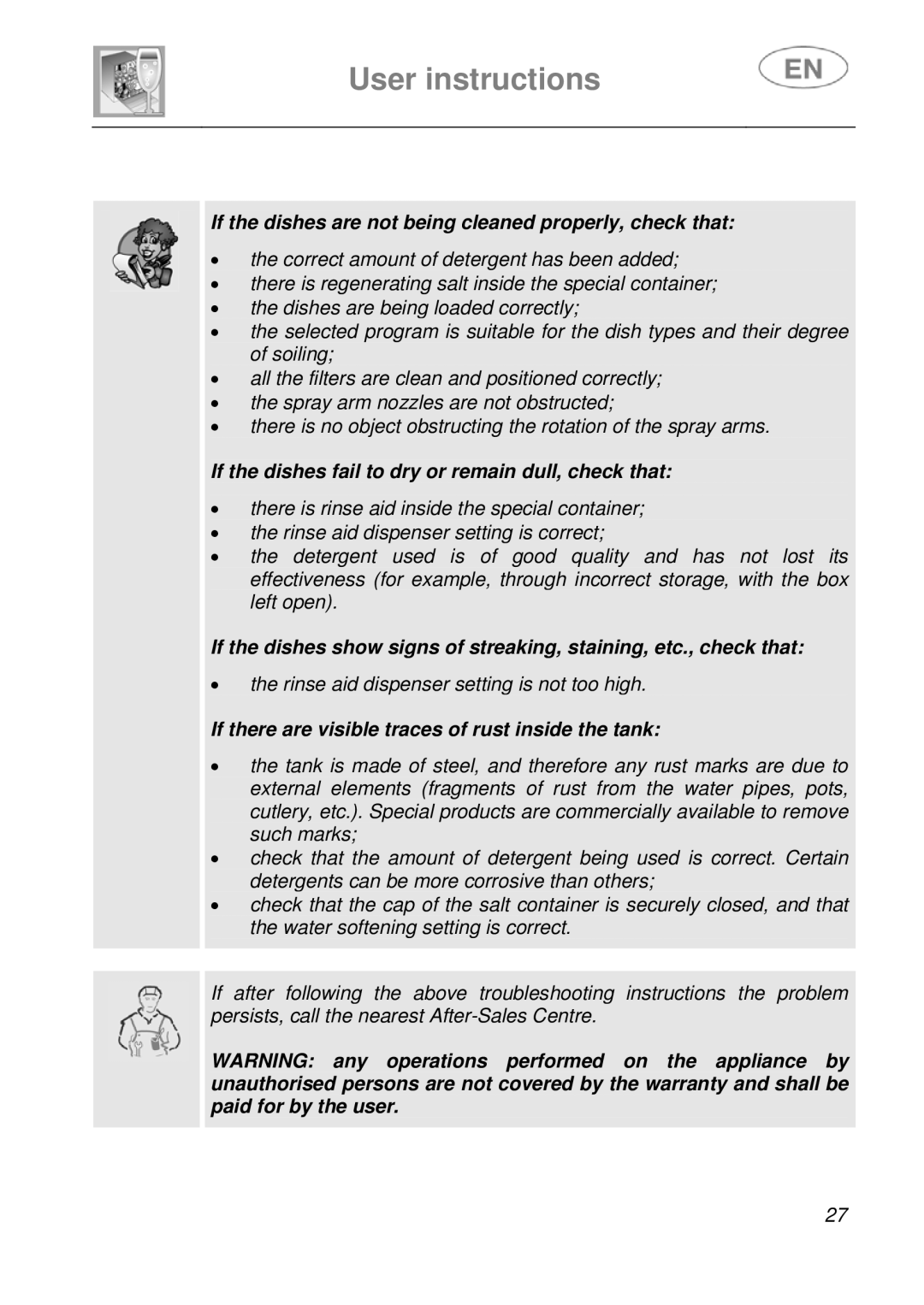 CDA WC460 manual If the dishes are not being cleaned properly, check that 