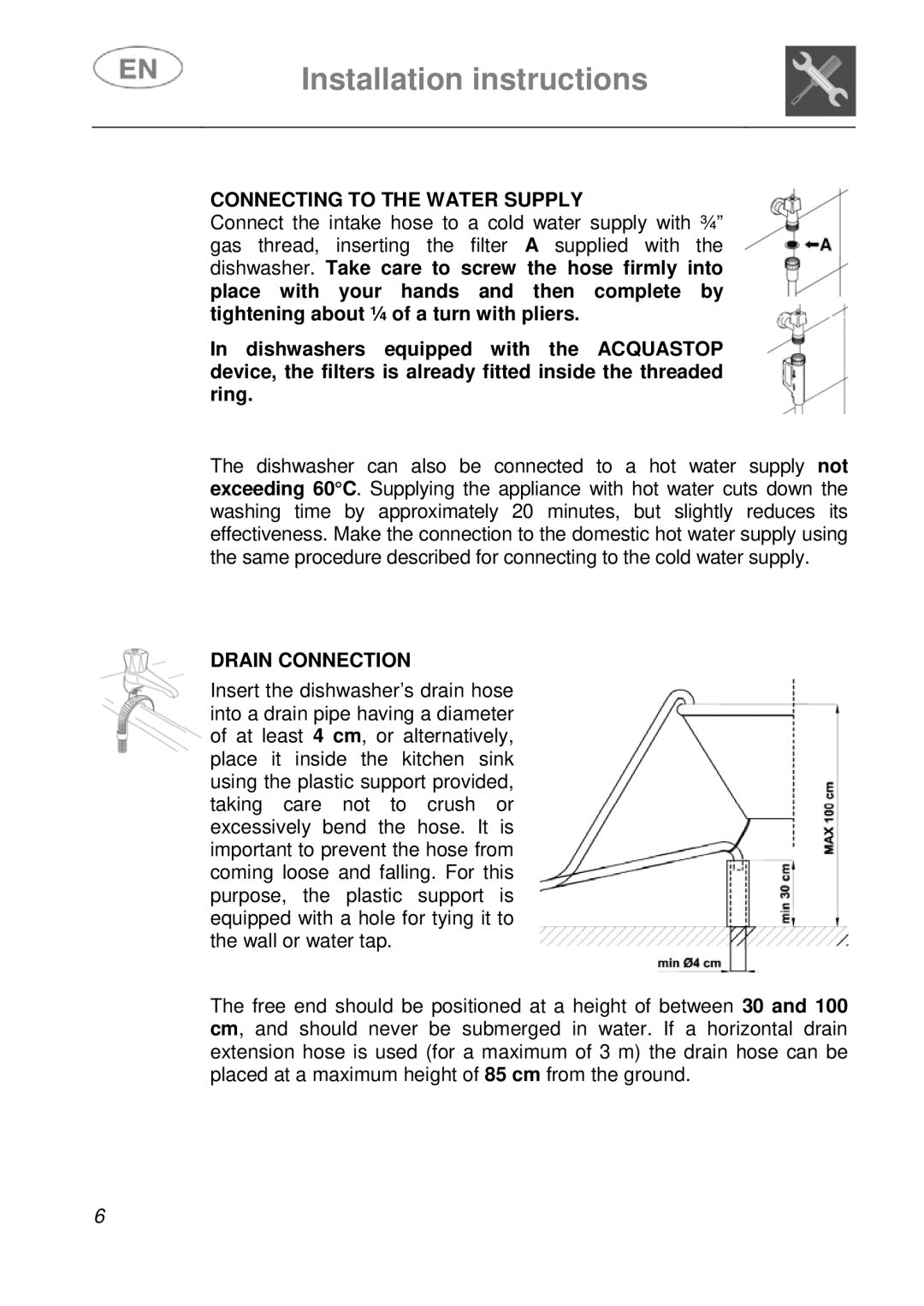 CDA WC460 manual Connecting to the Water Supply, Drain Connection 