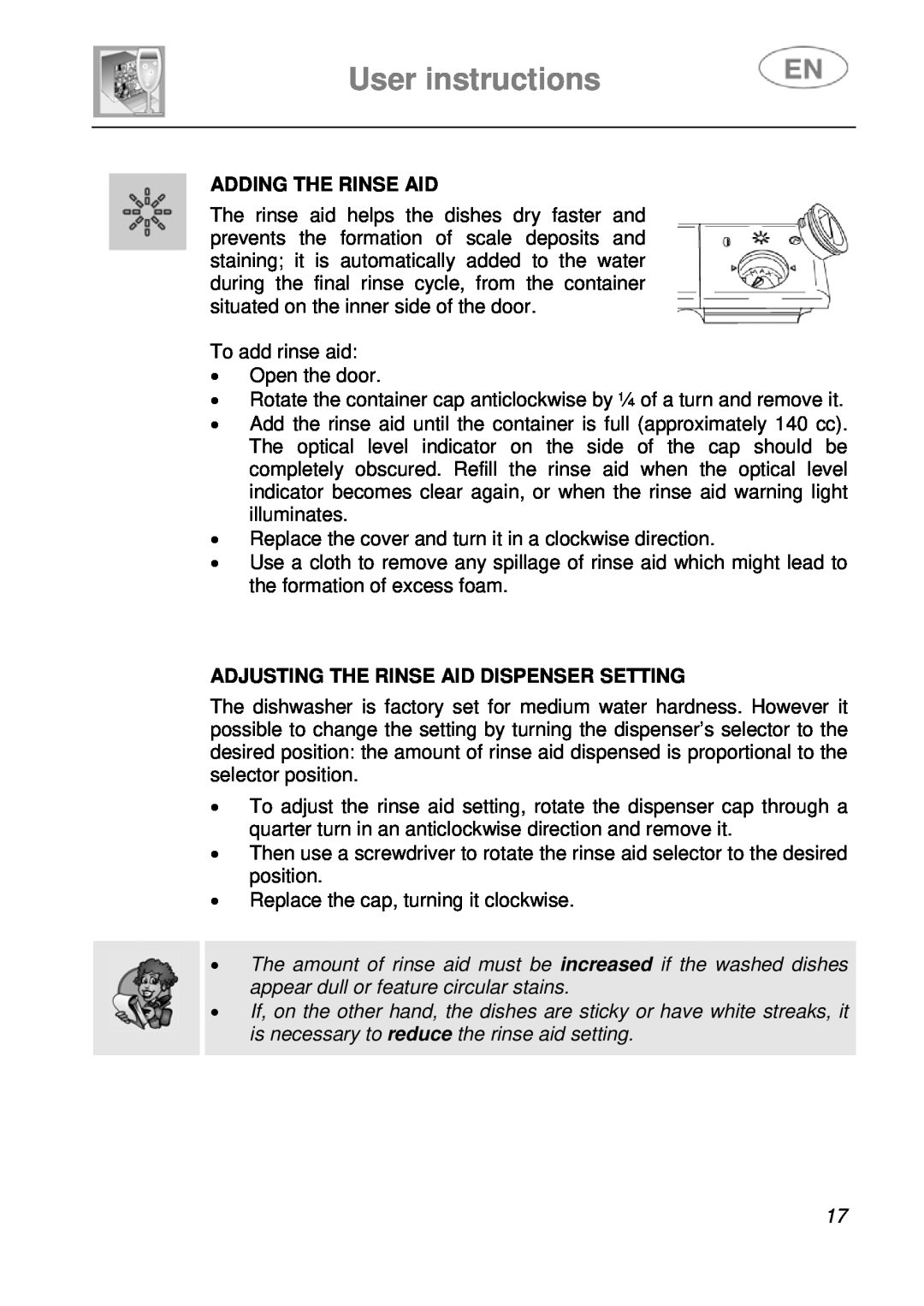CDA WC460 manual User instructions, Adding The Rinse Aid, Adjusting The Rinse Aid Dispenser Setting 