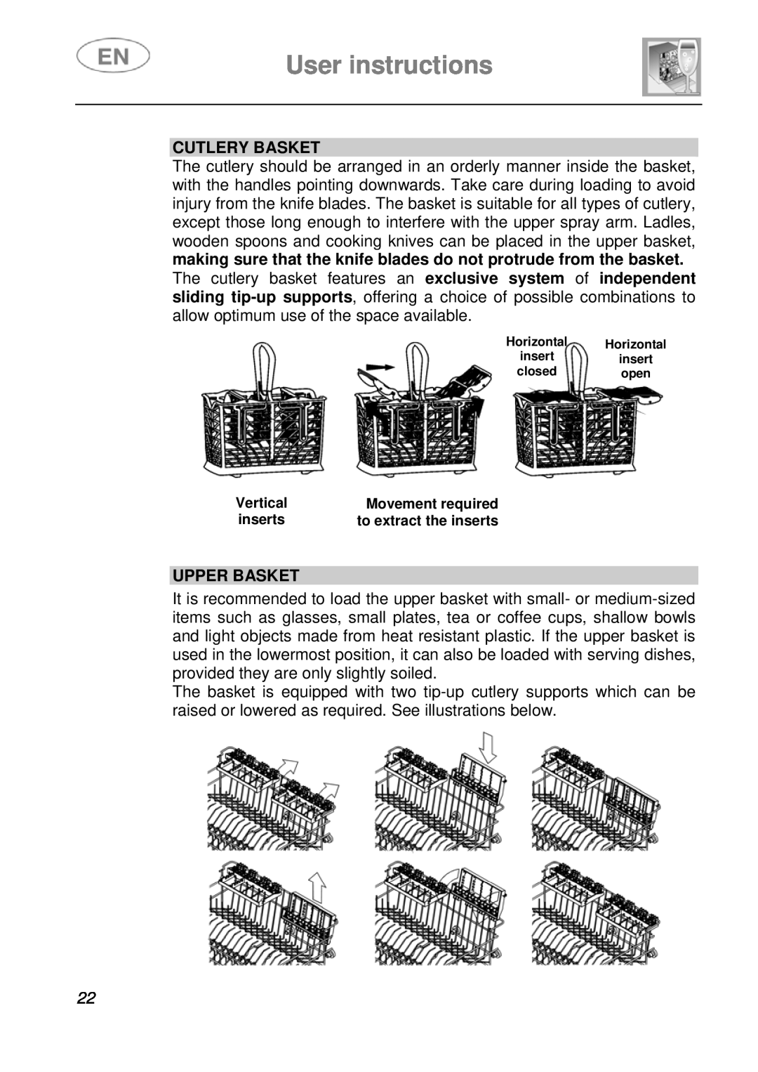 CDA WC460 manual User instructions, Cutlery Basket, Upper Basket, Vertical, Movement required, to extract the inserts 