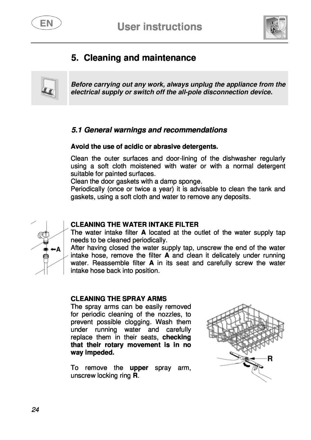 CDA WC460 manual Cleaning and maintenance, User instructions, General warnings and recommendations, Cleaning The Spray Arms 