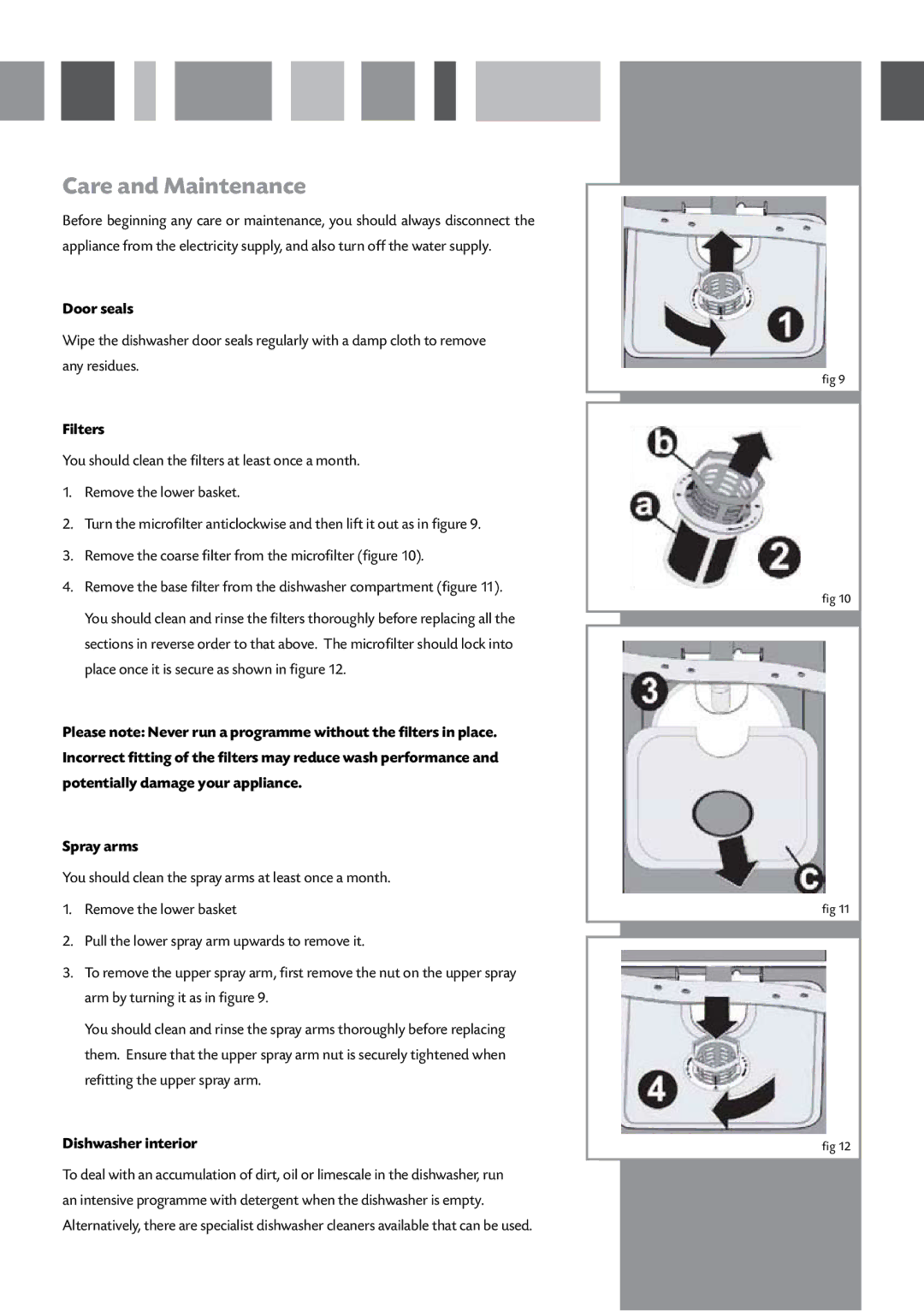 CDA WF140 manual Care and Maintenance, Door seals, Filters, Dishwasher interior 