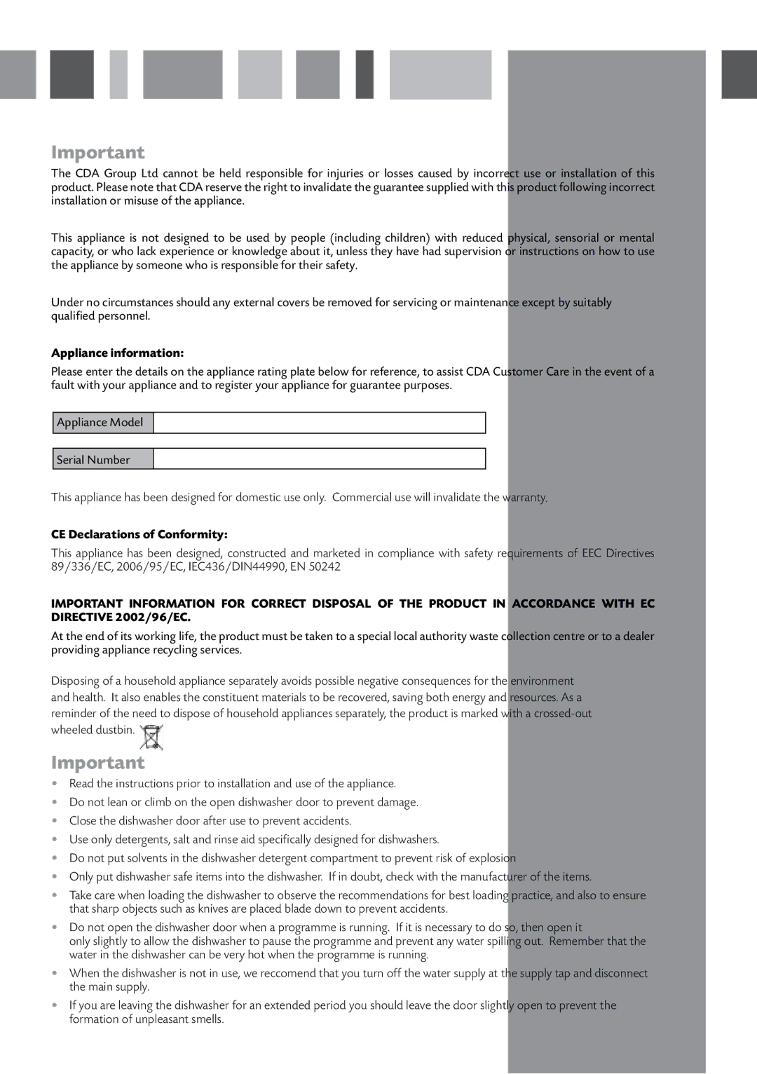 CDA WF140 manual Appliance information, CE Declarations of Conformity 