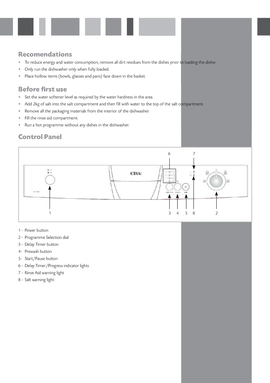 CDA WF140 manual Recomendations, Before first use, Control Panel 