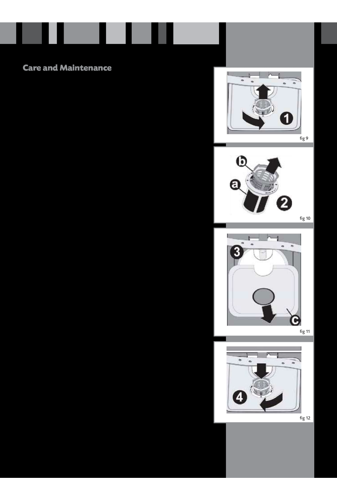 CDA WF140 manual Care and Maintenance, Door seals, Filters, Spray arms, Dishwasher interior 