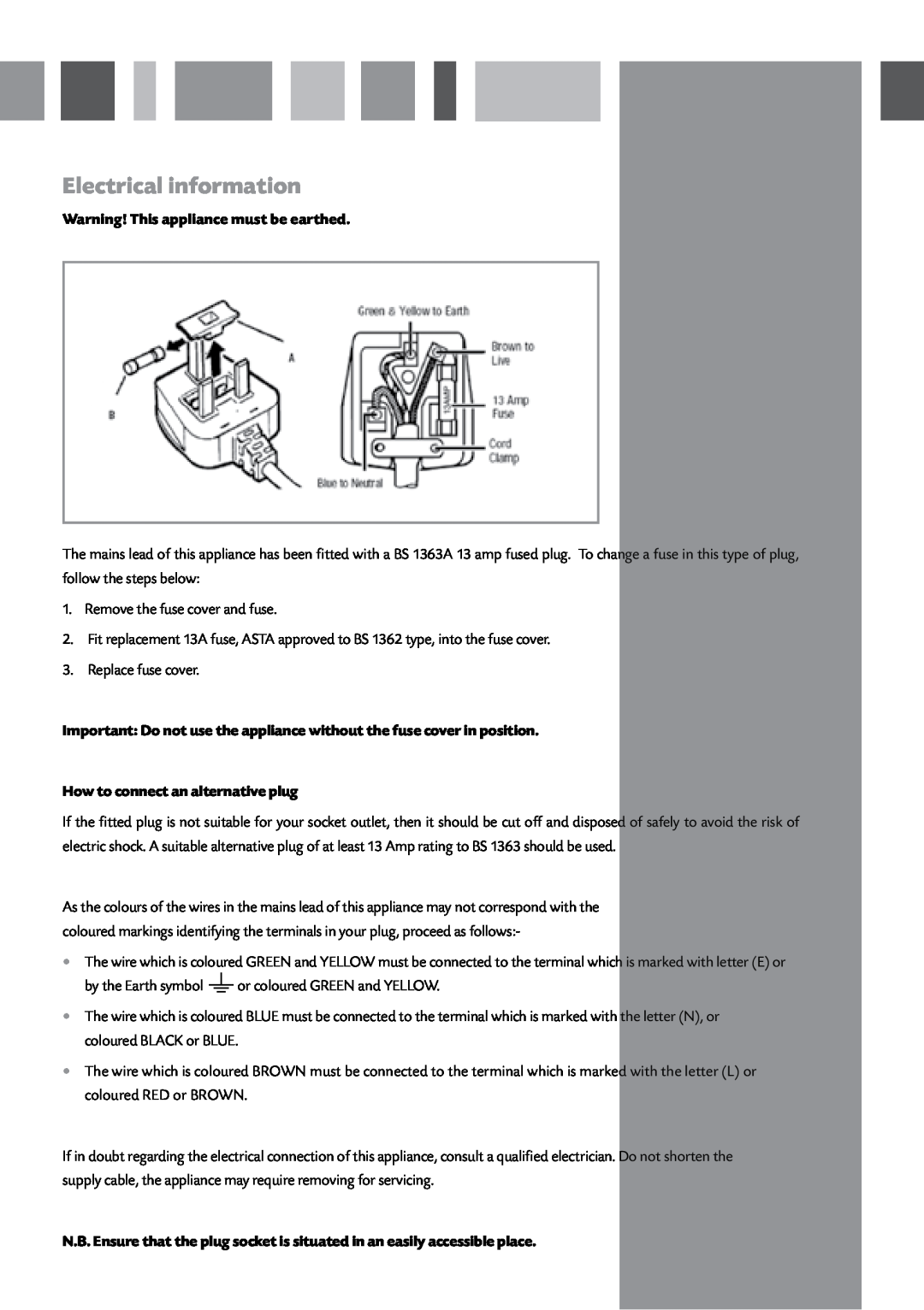 CDA WF140 manual Electrical information, Warning! This appliance must be earthed, How to connect an alternative plug 