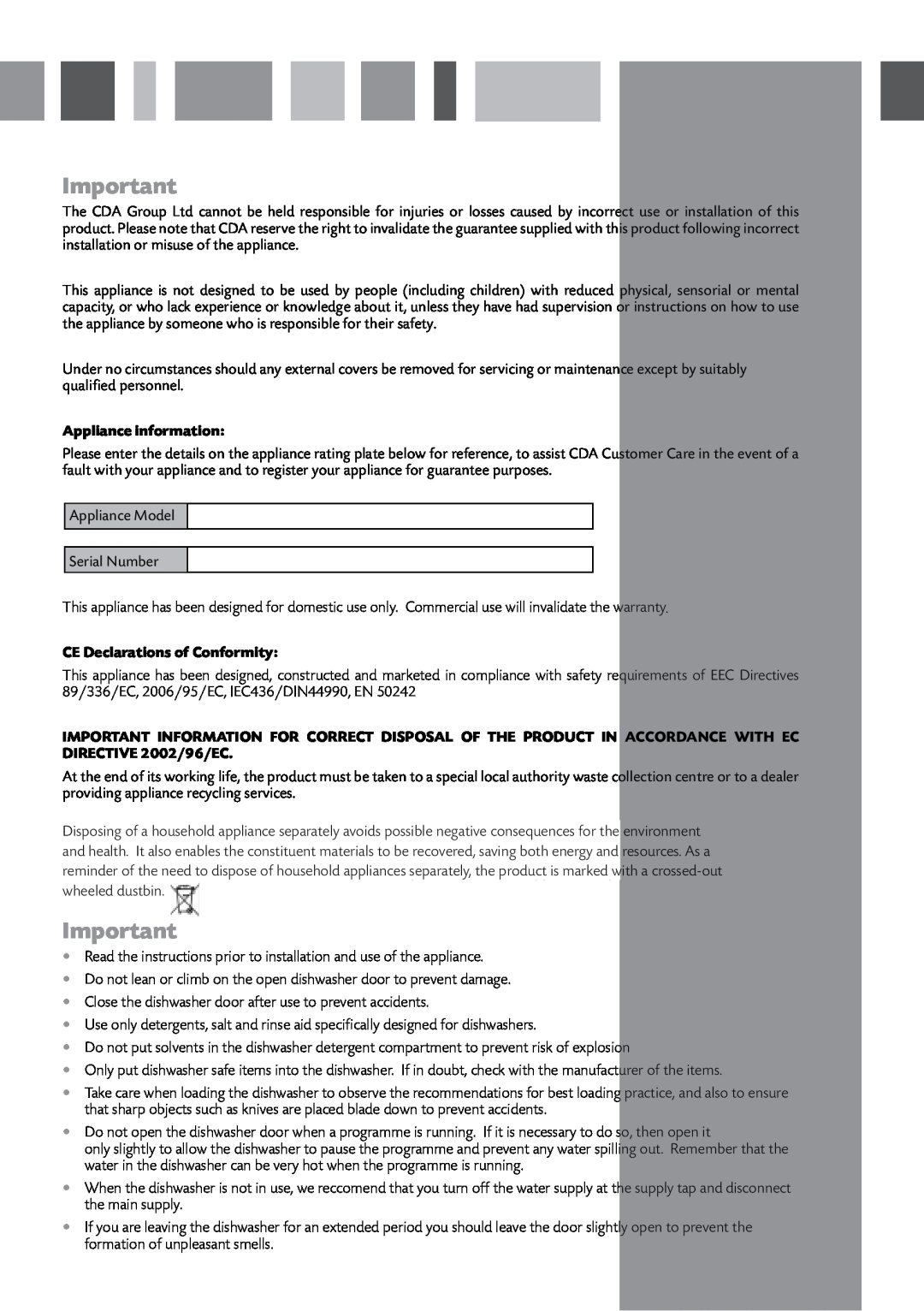 CDA WF140 manual Appliance information, CE Declarations of Conformity 