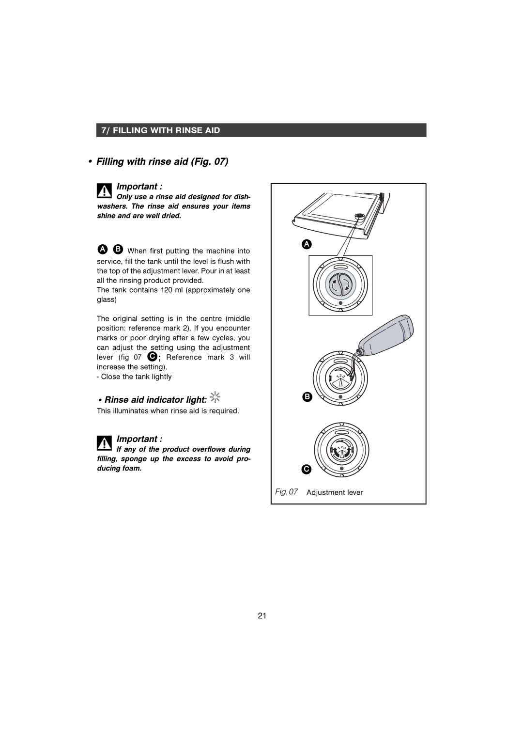 CDA WF250SS manual Rinse aid indicator light, This illuminates when rinse aid is required 