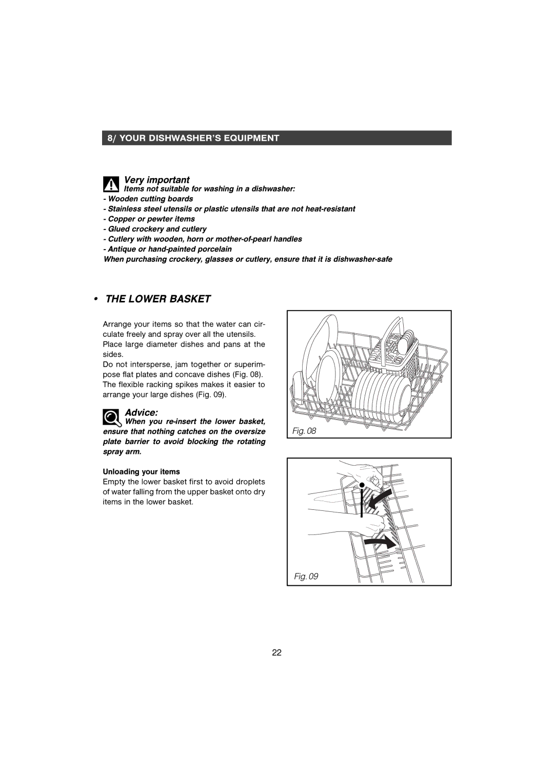 CDA WF250SS manual Lower Basket, Very important, Advice 