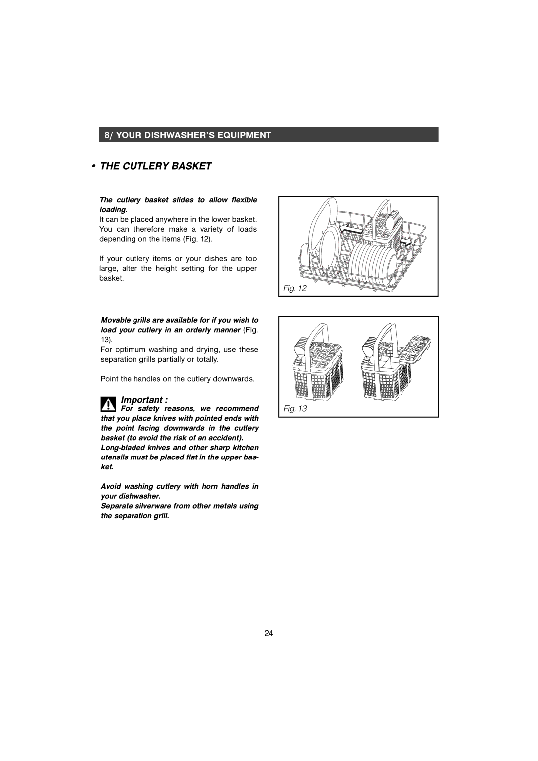 CDA WF250SS manual Cutlery Basket, Cutlery basket slides to allow flexible loading 