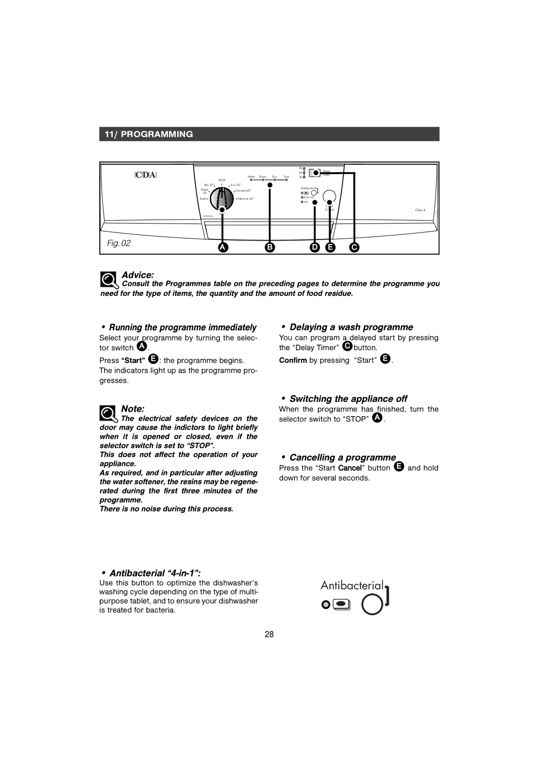 CDA WF250SS Running the programme immediately, Delaying a wash programme, Antibacterial 4-in-1, Cancelling a programme 