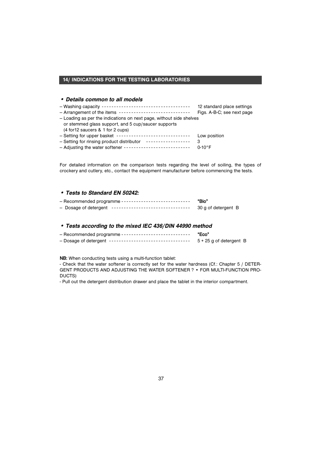 CDA WF250SS Details common to all models, Tests to Standard EN, Tests according to the mixed IEC 436/DIN 44990 method 