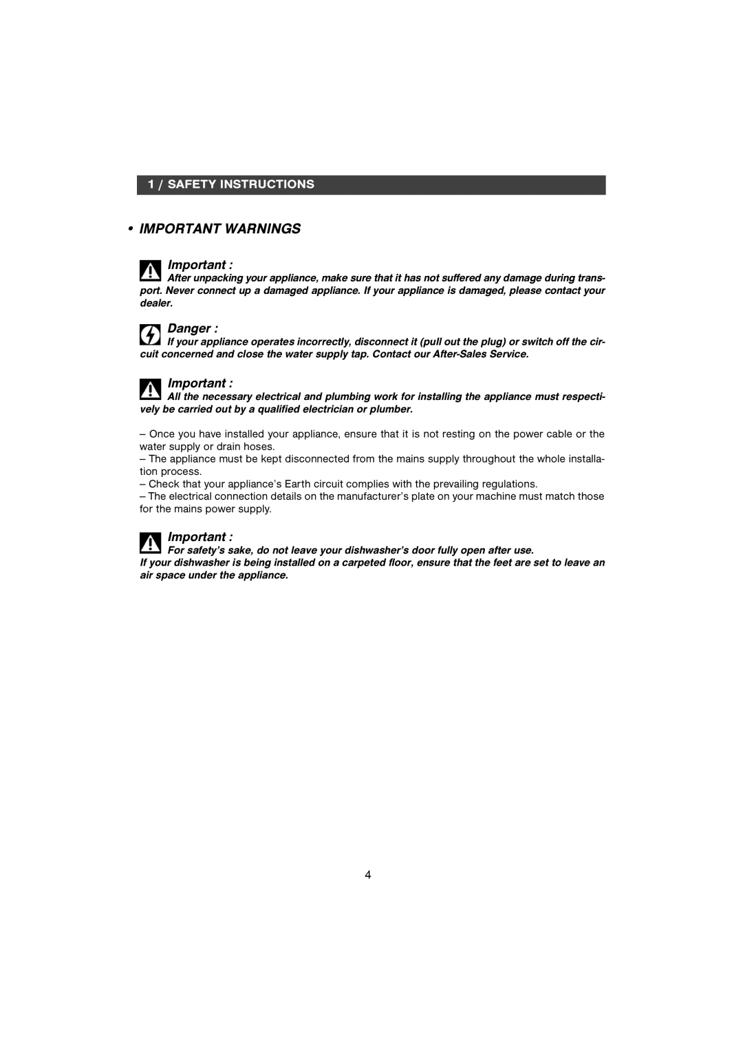 CDA WF250SS manual Important Warnings 