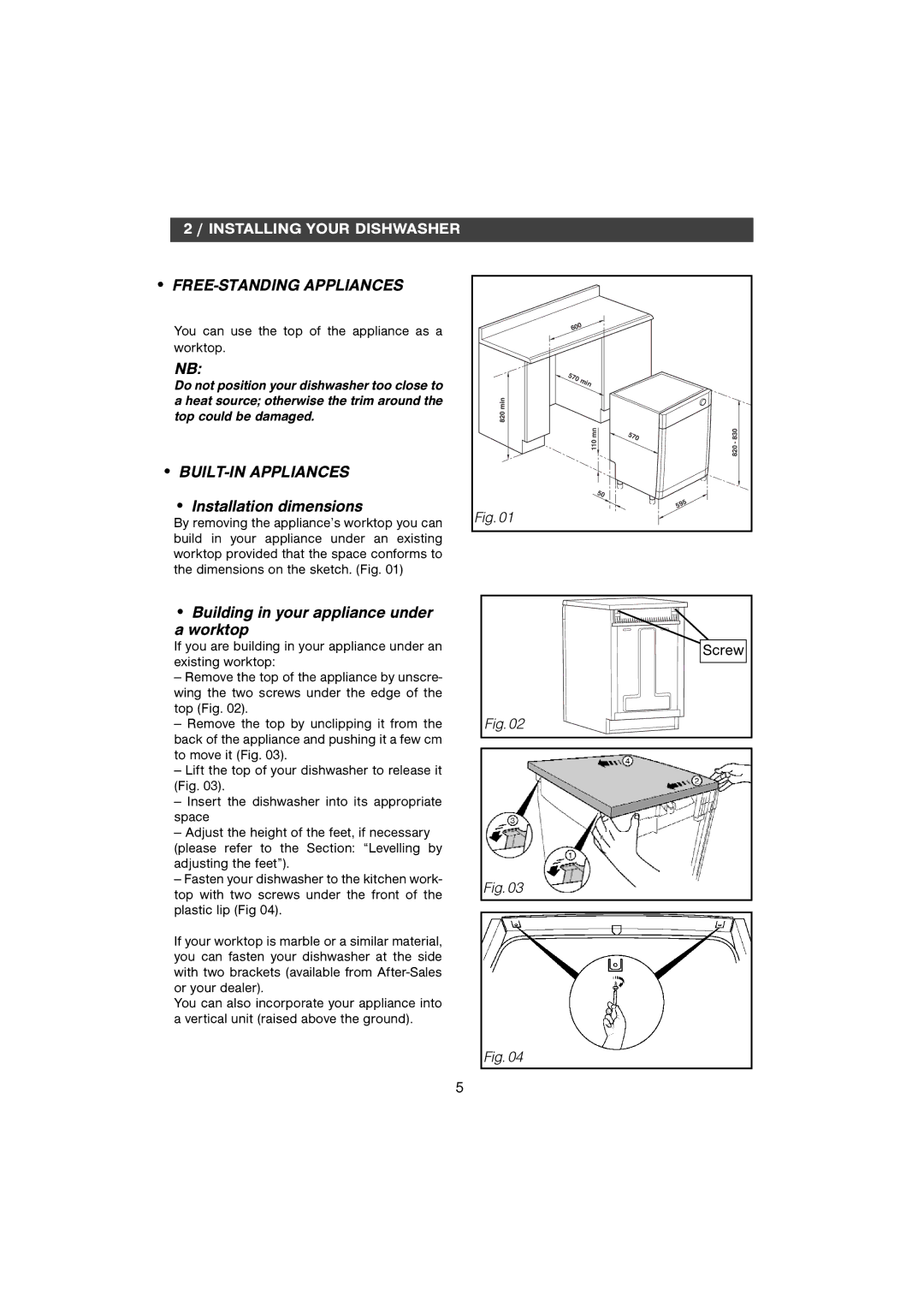 CDA WF250SS manual Installation dimensions, Building in your appliance under a worktop 