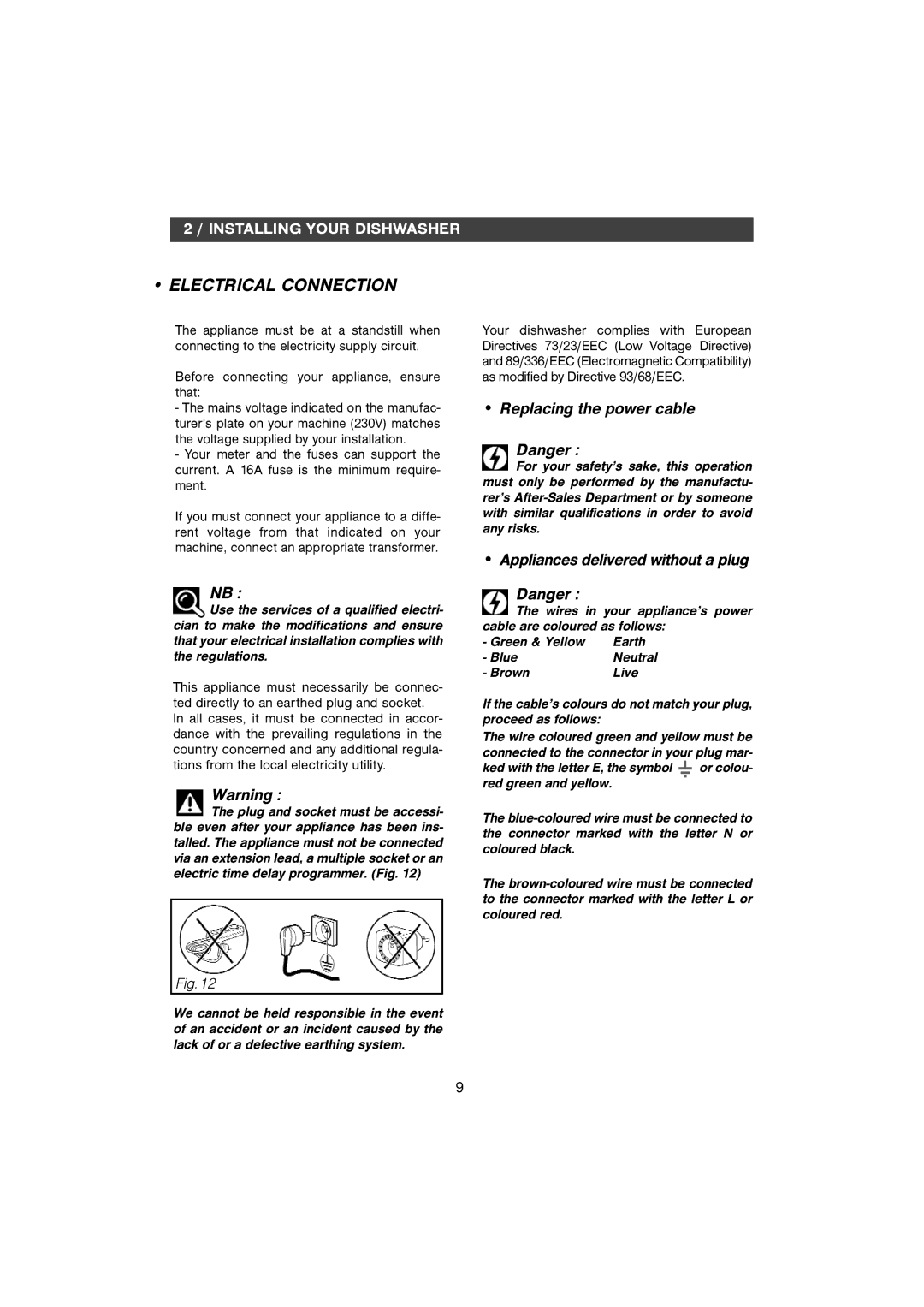 CDA WF250SS manual Electrical Connection, Replacing the power cable, Appliances delivered without a plug 