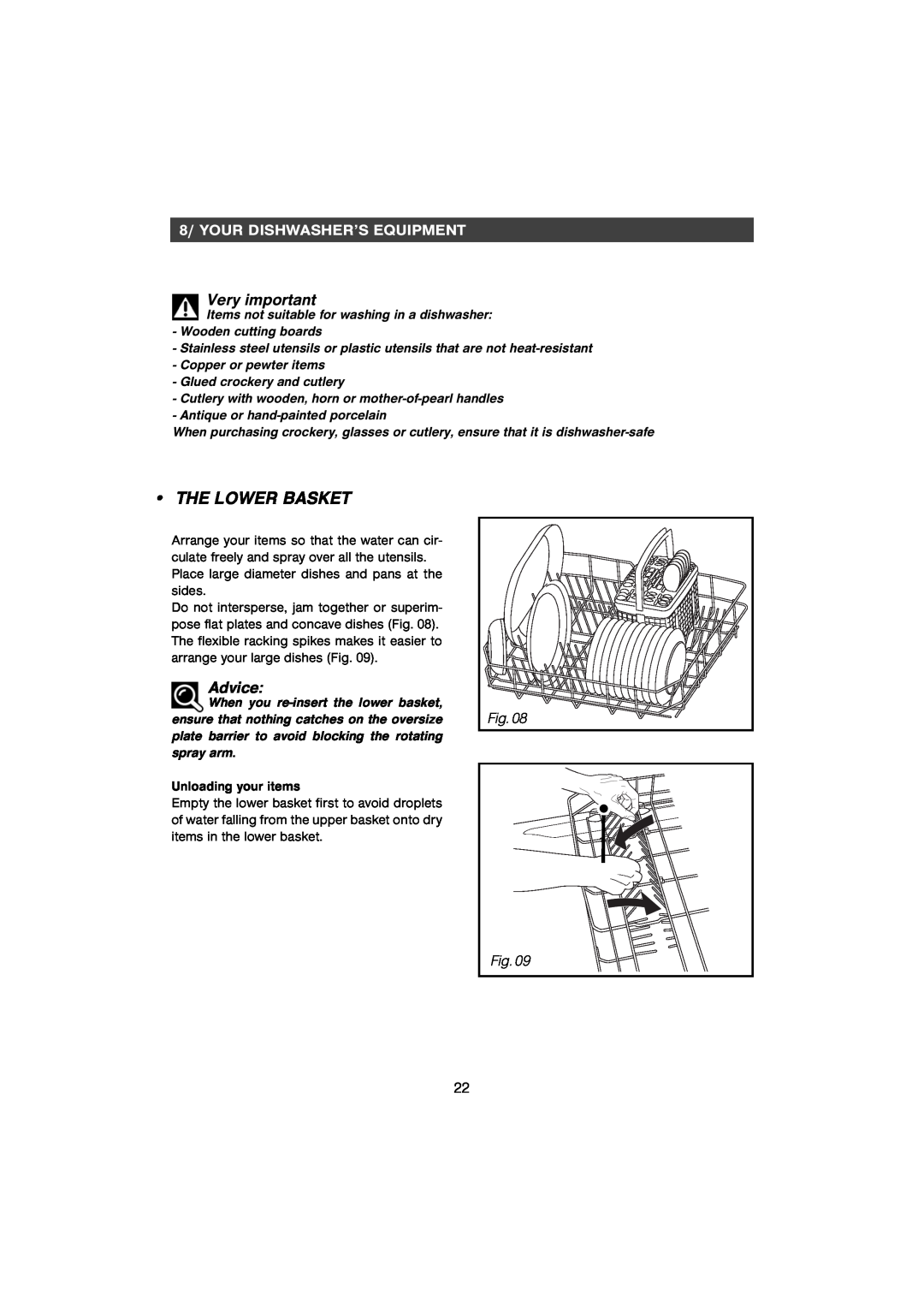 CDA WF250SS manual The Lower Basket, Very important, Advice, 8/ YOUR DISHWASHER’S EQUIPMENT 