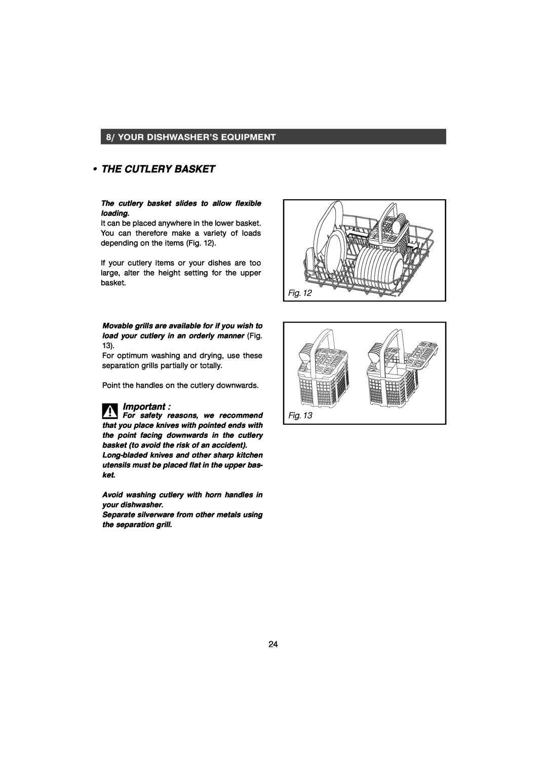 CDA WF250SS manual The Cutlery Basket, 8/ YOUR DISHWASHER’S EQUIPMENT 